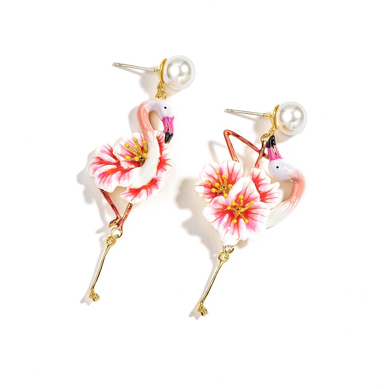 Pink Colorful Flower Flamingo Pearl Asymmetrical Enamel Dangle Earrings Jewelry Gift