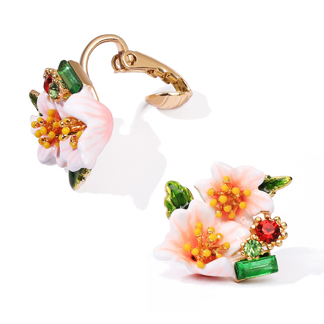Cherry Blossom Flower Tassel Enamel Hook Earrings