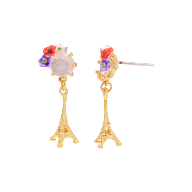 Red Purple Flower Eiffel Tower And Stone Enamel Dangle Earrings Jewelry Gift