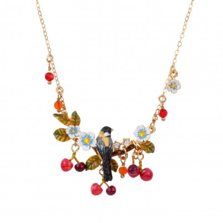 Oriole Bird On Cherry Branch Enamel Pendant Necklace