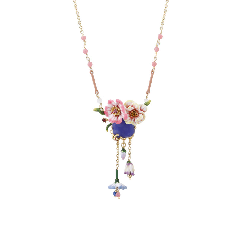 Hand Painted Enamel Glaze Bell Orchid Sapphire Necklace