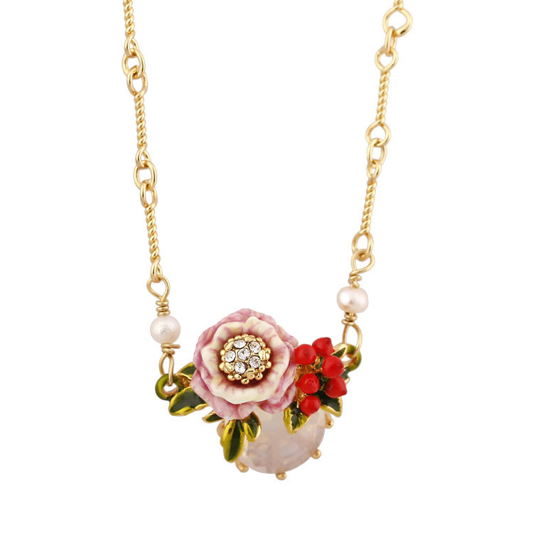 Hand Painted Enamel Glaze Gilded Flower Natural Freshwater Pearl Pendant Necklace