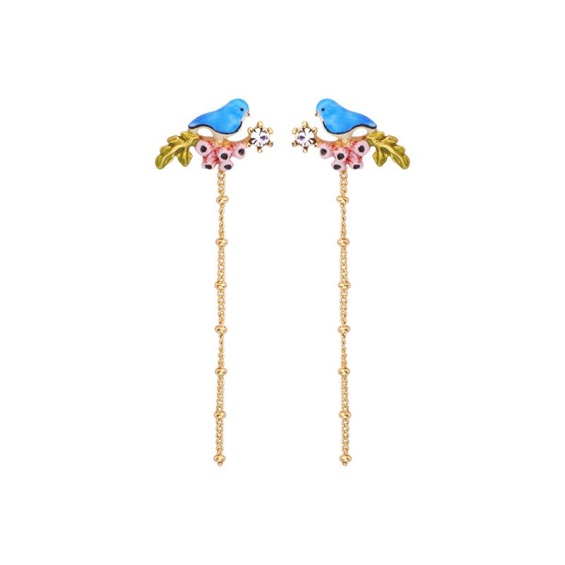 Blue Bird Tassel Enamel Earrings