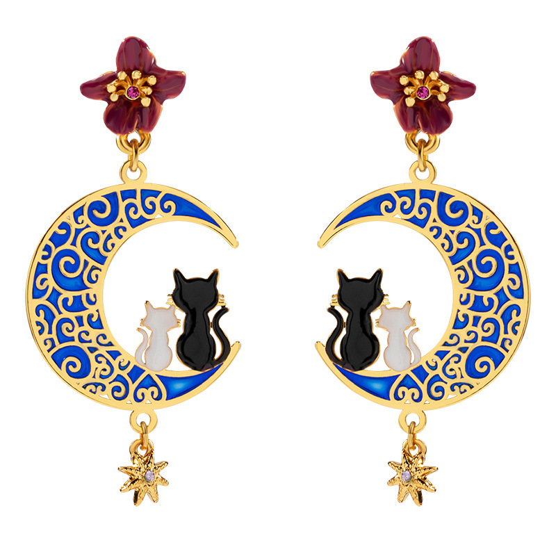 Couple Cat Kitty Kitten on Moon Enamel Stud Dangle Earrings Jewelry Gift