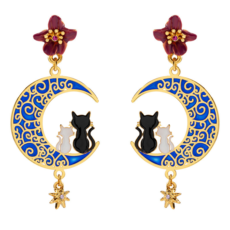 Couple Cat Kitty Kitten on Moon Enamel Stud Dangle Earrings Jewelry Gift