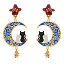 Couple Cat Kitty Kitten on Moon Enamel Stud Dangle Earrings Jewelry Gift