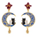 Couple Cat Kitty Kitten on Moon Enamel Stud Dangle Earrings Jewelry Gift