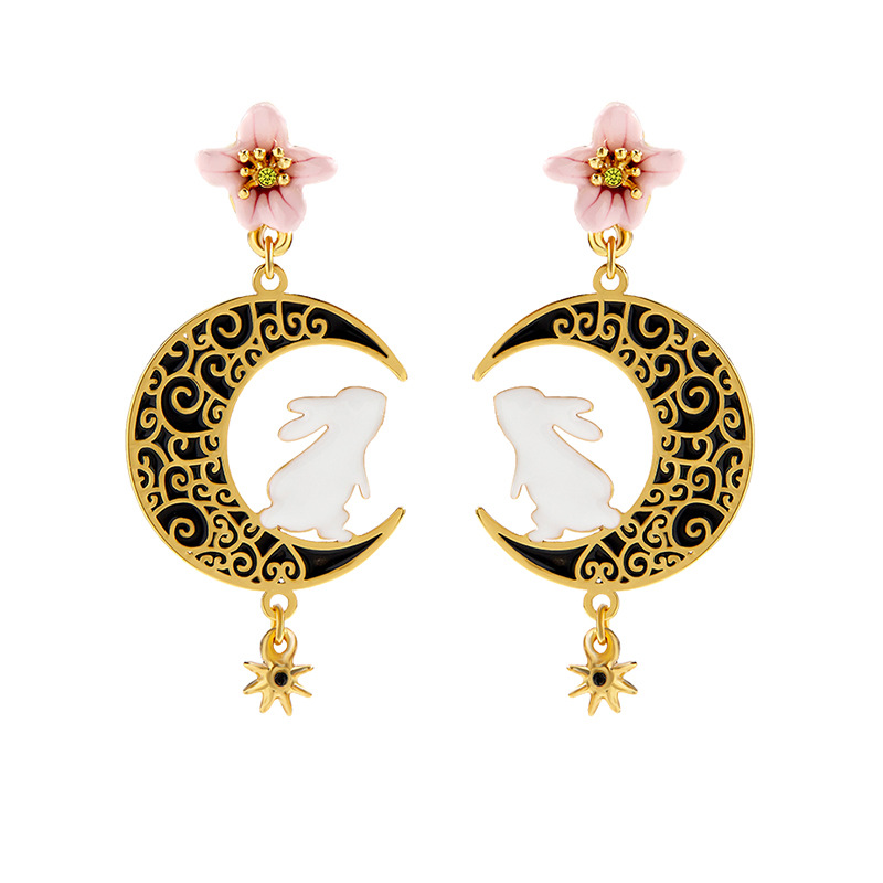 Cute Rabbit Bunny On Moon Flower Enamel Stud Earrings