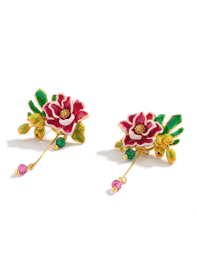 Dahlia Red Flower Yellow Bud And Bead Enamel Earrings