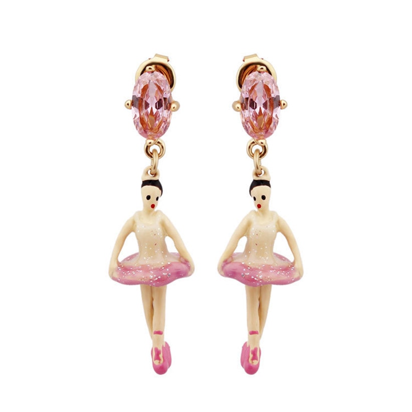 Pink Ballerina and Crystal Enamel Earrings