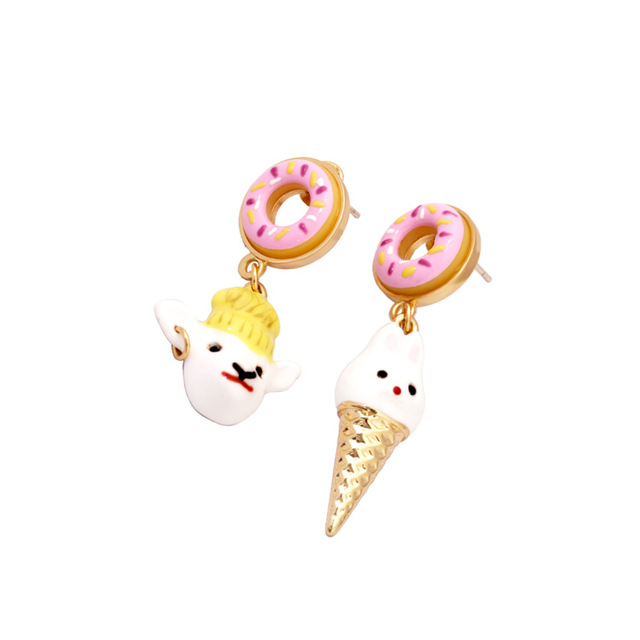 Lamb And Bunny Ice Cream Asymmetrical Enamel Earrings