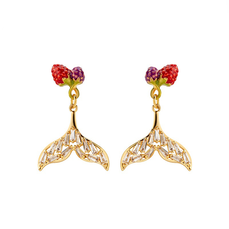 Raspberry Crystal Fishtail Enamel Stud Earrings