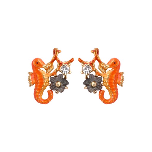 Orange Seahorse Flower And Crystal Enamel Earrings