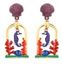 Seahorse Coral And Purple Shell Ocean Enamel Dangle Stud Earrings