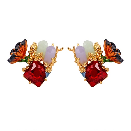 Flower And Crystal Stone Enamel Earrings
