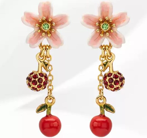 Flower And Cherry Fruit Enamel Earrings