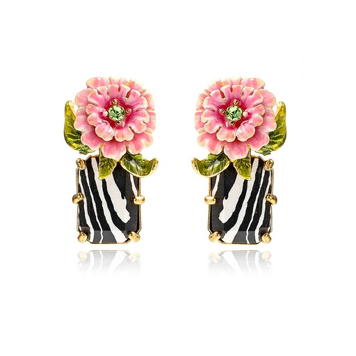 Pink Flower And Stone Enamel Earrings