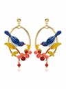 Blue Bird On An Oval Cherry Branch Enamel Earrings