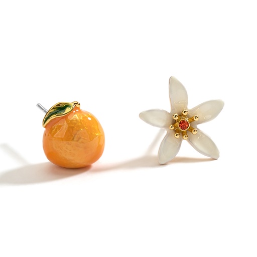 Orange And Flower Enamel Asymmetrical  Stud Earrings Jewelry Gift