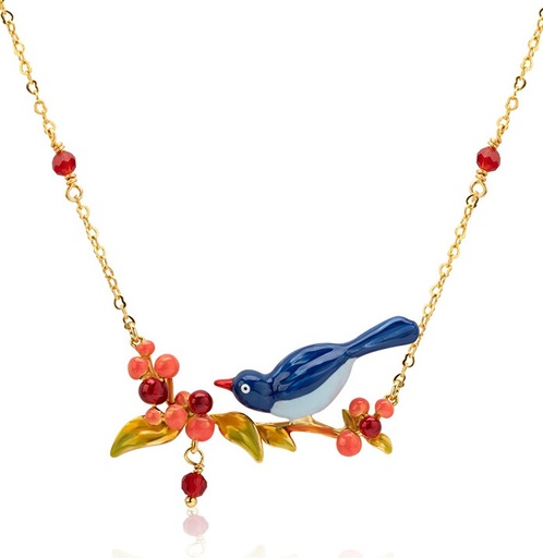 Bird On Cherry Branch Enamel Pendant Necklace Jewelry Gift