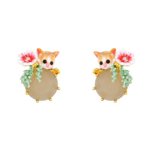 Cat Kitty Kitten Flower And Stone Enamel Stud Earrings