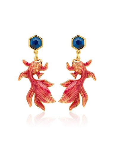 Red Fish Koi And Blue Crystal Enamel Dangle Stud Earrings