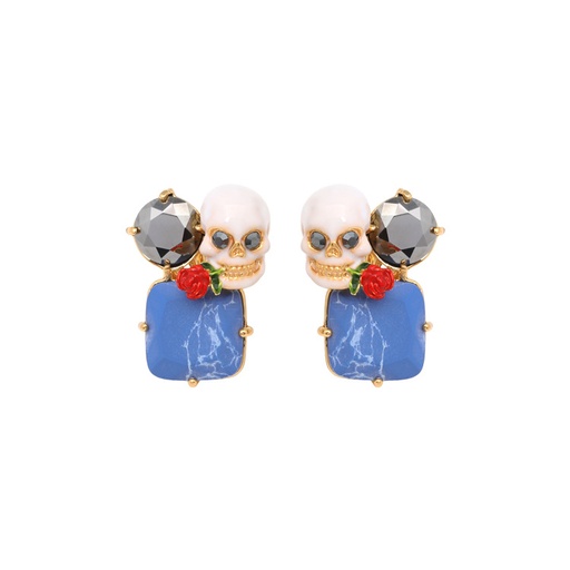 Skeleton Blue Stone And Rose Enamel Earrings