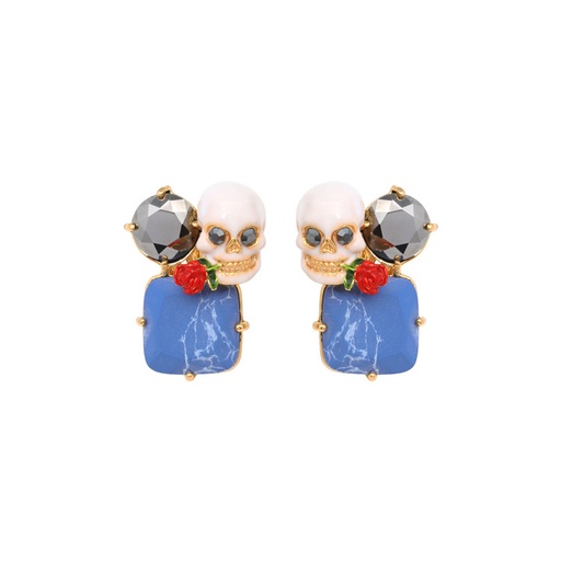 Skeleton Blue Stone And Rose Enamel Earrings