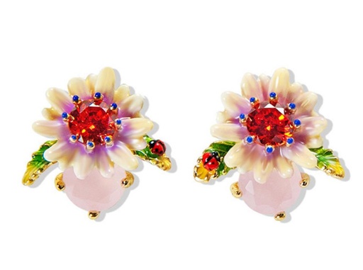 Flower Ladybug And Stone Enamel Earrings