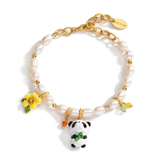 Cute Panda With Bamboo And Flower Pearl Enamel Charm Bracelet