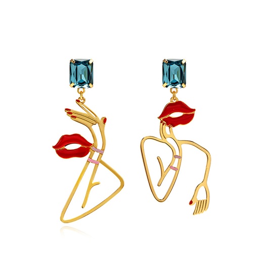 Red Lip And Crystal Asymmetrical Enamel Stud Earrings