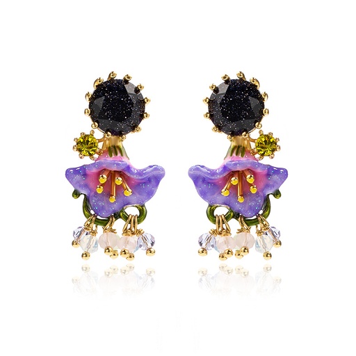 Purple Flower And Stone Enamel Dangle Earrings Jewelry Gift