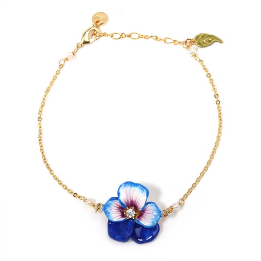 Pansy Flower And Crystal Pearl Enamel Pendant Bracelet