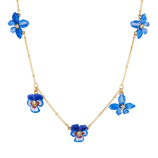 Pansy Flower Blue And Crystal Enamel Charm Necklace