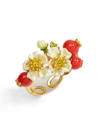 Red Hawthorn Fruit And White Flower Crystal Enamel Adjustable Ring Jewelry Gift