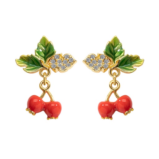 Red Fruit Hawthorn And Green Leaf With Crystal Enamel Stud Dangle Earrings Jewelry Gift