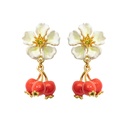 Red Fruit Hawthorn And White Flower Enamel Stud Earrings Jewelry Gift