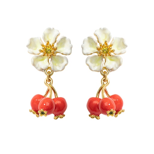 Red Fruit Hawthorn And White Flower Enamel Stud Earrings Jewelry Gift