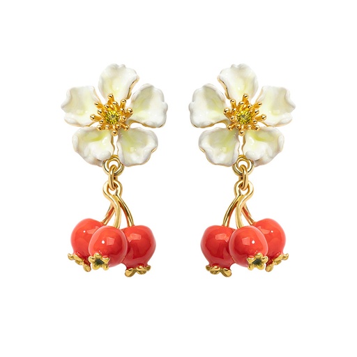 Red Fruit Hawthorn And White Flower Enamel Stud Earrings Jewelry Gift