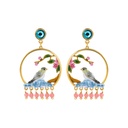 Bird Flower Branch And Bead Crystal Enamel Dangle Stud Earrings