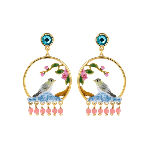 Bird Flower Branch And Bead Crystal Enamel Dangle Stud Earrings
