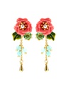 Pink Camellia Flower With Crystal Bead Tassel Enamel Stud Earrings