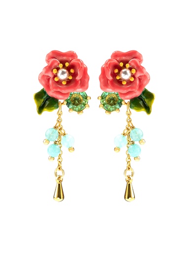 Pink Camellia Flower With Crystal Bead Tassel Enamel Stud Earrings