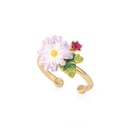 Daisy Purple White Flower Leaf And Crystal Enamel Adjustable Ring