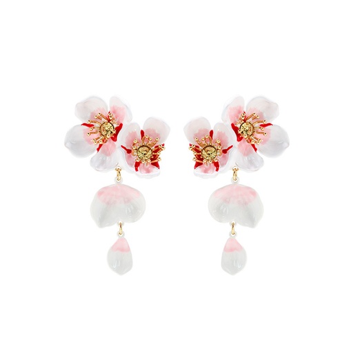 White Cherry Blossom Flower Petals Enamel Dangle Earrings