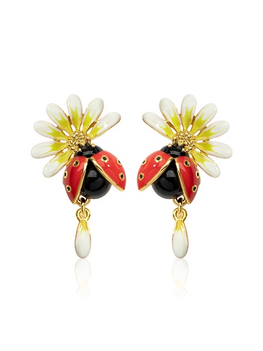 Daisy White Flower And Ladybug Enamel Stud Earrings