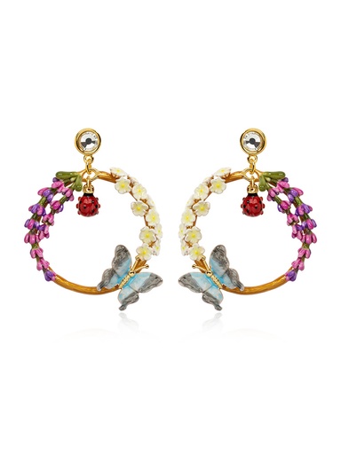 Purple Pink White Flower And Ladybug Butterfly Enamel Dangle Earrings