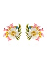 White Flower Pink Bud And Crystal Enamel Stud Earrings