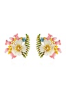 White Flower Pink Bud And Crystal Enamel Stud Earrings