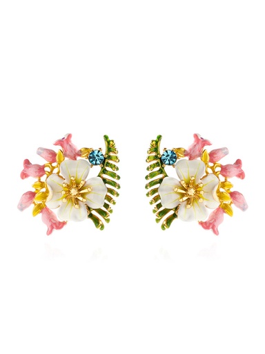 White Flower Pink Bud And Crystal Enamel Stud Earrings
